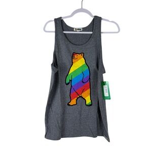 NWT Tipsy Elves Men Gay Bear Don't Care Tank Top Rainbow Graphic Grey Size Small